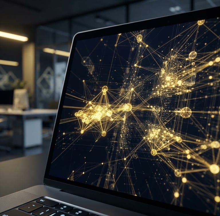 Macro shot of a sleek dark laptop screen displaying glowing golden-yellow data nodes, clean geometric glass textures, deep navy background, high-end office environment