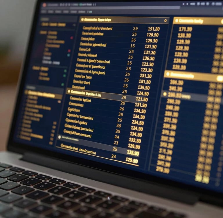 Close-up macro shot of a sleek laptop screen displaying golden-yellow data visualizations of commission splits, deep navy background, reflective glass textures, moody ambient office lighting