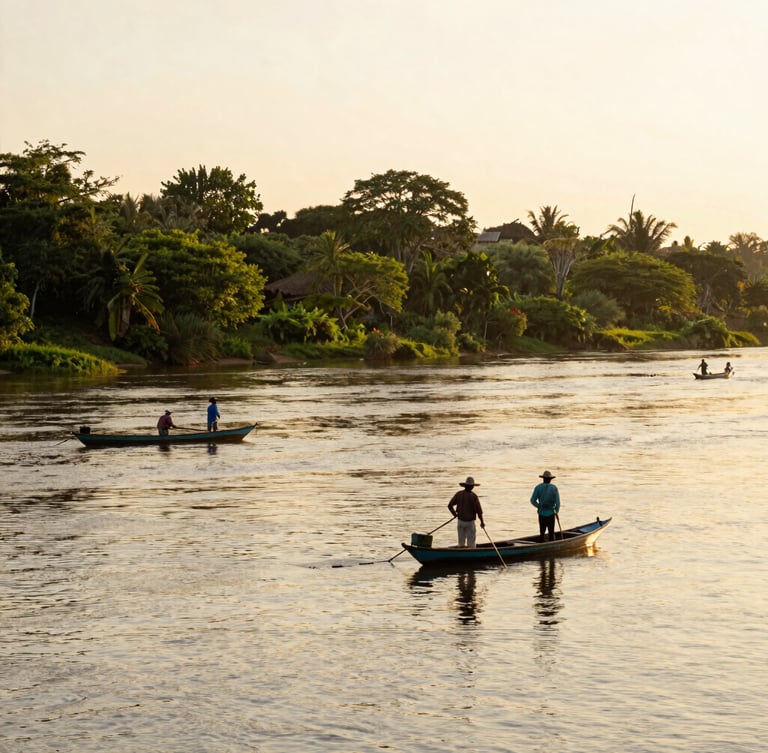Wide environmental shot of Colombian artisanal fishers on a calm river at sunrise, warm natural golden-hour light, 35mm lens, authentic rural landscape
