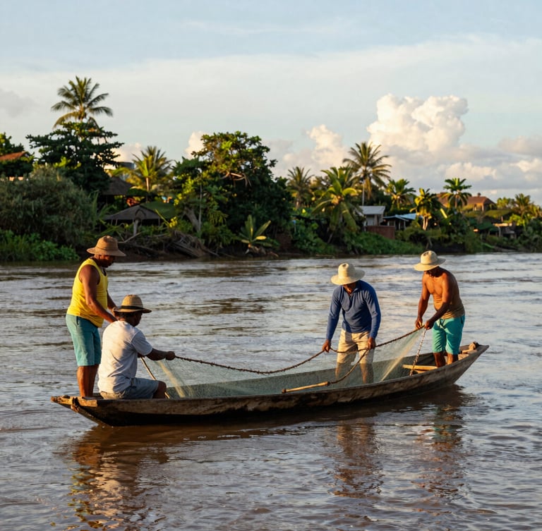 An environmental portrait of Colombian artisanal fishers working together on a wooden boat, pulling a net from clean river waters, golden hour