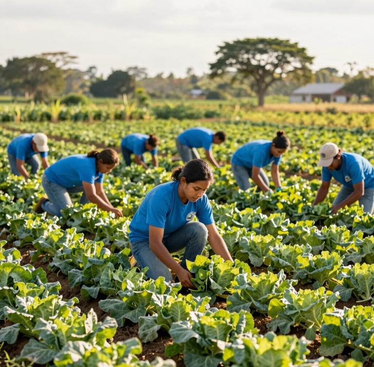 A group of young Colombian agricultural volunteers in blue shirts working alongside local farmers in a bright green vegetable field, sunny day, authentic editorial photography