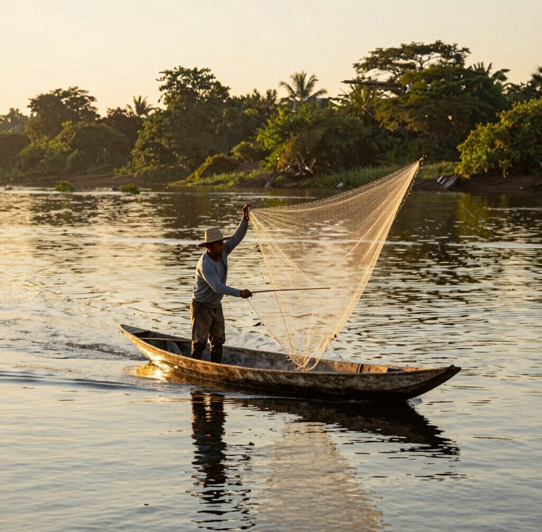 A Colombian artisanal fisherman in a wooden canoe on a calm river at sunrise, casting a hand-woven net, warm golden-hour light reflecting on the water