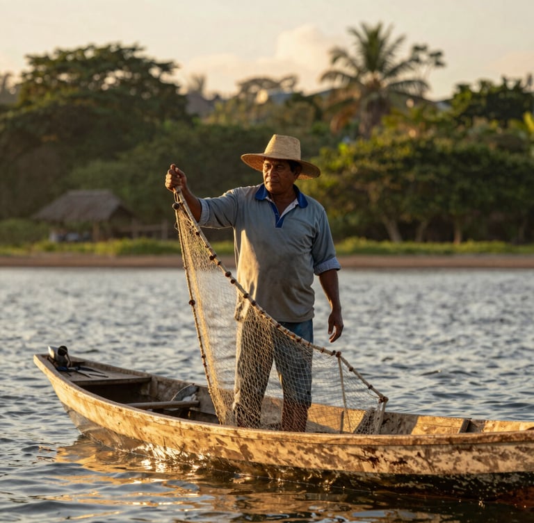 Environmental portrait of a Colombian artisanal fisher on a wooden boat at sunrise, holding a net, warm golden-hour daylight, 35mm lens