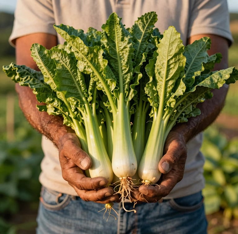 A close-up of a Colombian farmer's hands holding a rich harvest of fresh organic vegetables, warm natural daylight, highly detailed