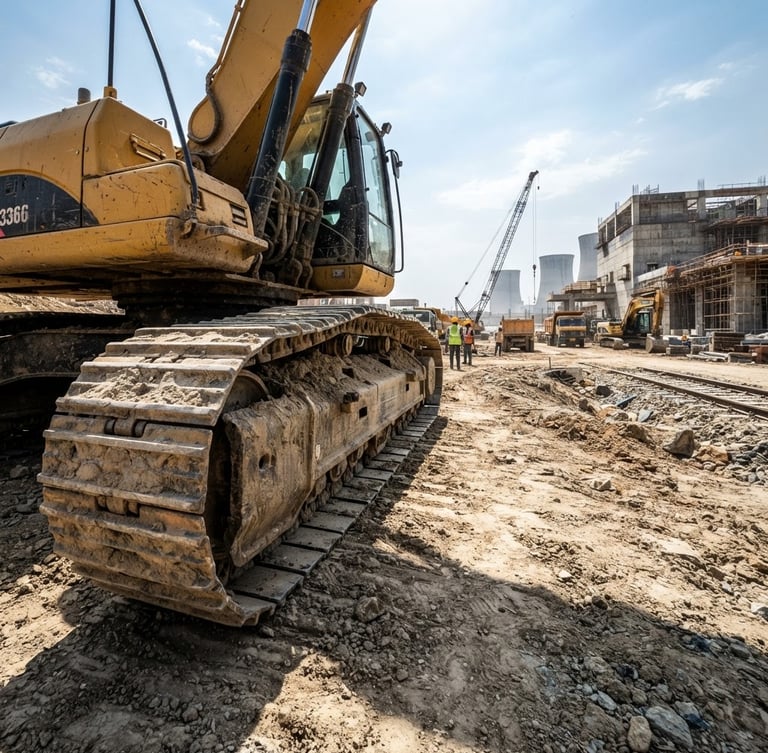 Low-angle heavy excavator tracks in yellow paint on a dusty Rawatbhata construction site, midday sun casting sharp shadows, wide environmental shot