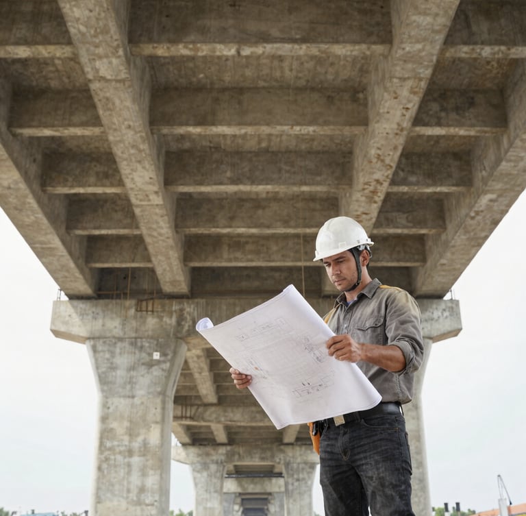 Low angle heroic shot of a civil engineer in a white hardhat reviewing blueprints on a massive concrete bridge construction site under high-contrast daylight