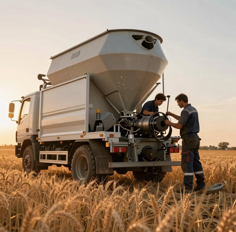 Low-angle heroic shot of a mobile service truck parked next to a large feed mixer in a golden-hour Anatolian wheat field, mechanics in workwear examining a mechanical part, warm sunset light, dust particles in the air, 35mm
