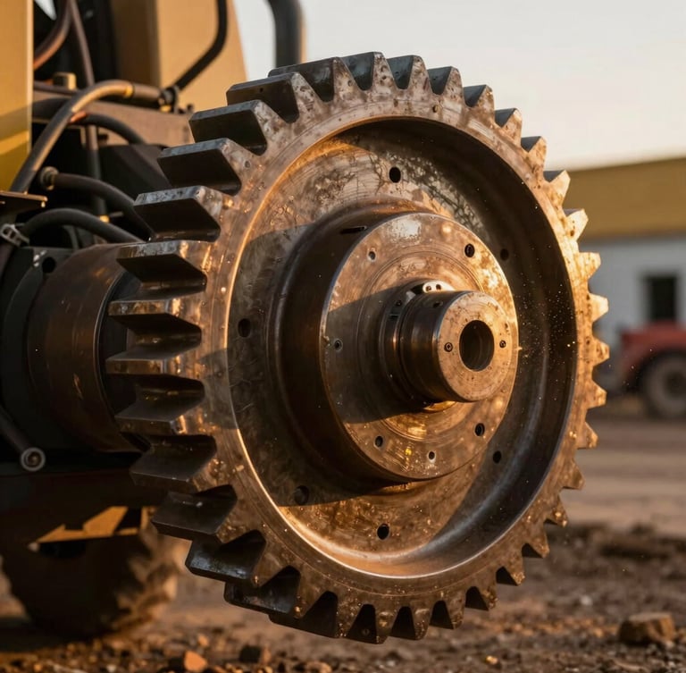 Close-up heroic shot of a heavy steel gear and robust welding joints on an agricultural machine, warm golden-hour sunlight reflecting off the raw metallic surface, dust particles in the air, 35mm.