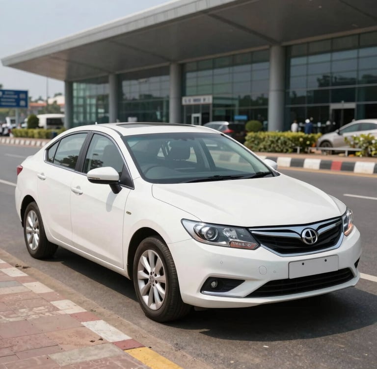 A clean professional sedan parked outside the Kempegowda International Airport terminal in bright daylight, sharp focus, 35mm lens.