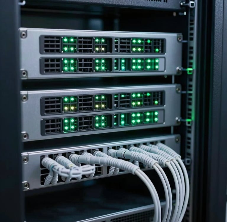 Macro shot of a high-end network rack installation with clean structured cabling and green status LEDs glowing in a cool-toned dark server room, 35mm lens