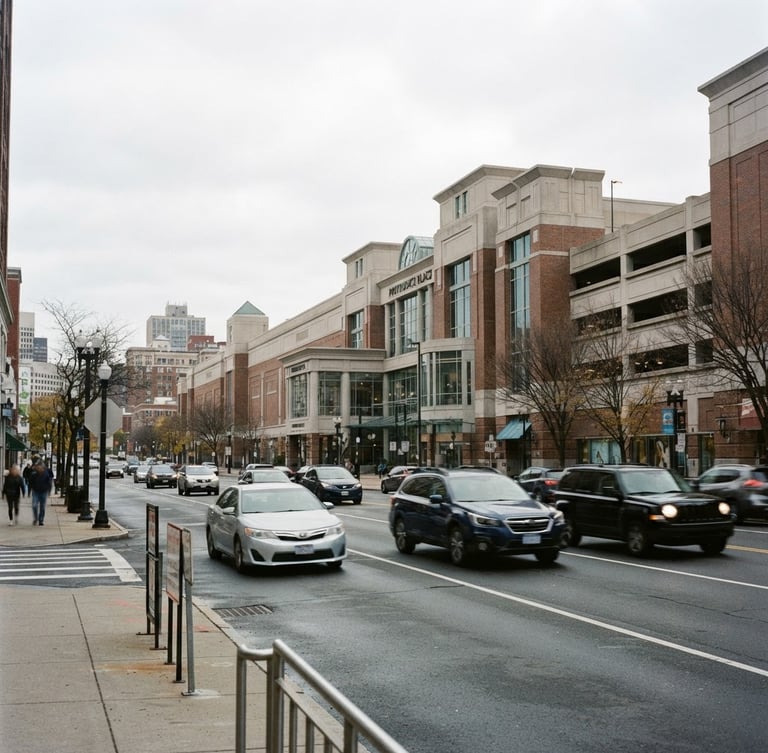 Bright natural daylight shot of cars driving past the Providence Place mall, realistic New England overcast sky, clean editorial photography, 35mm lens