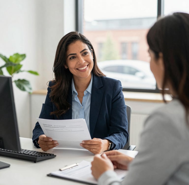 Approachable local insurance agent in a bright Providence office discussing policy options with a client, professional setting, warm natural light, 35mm lens