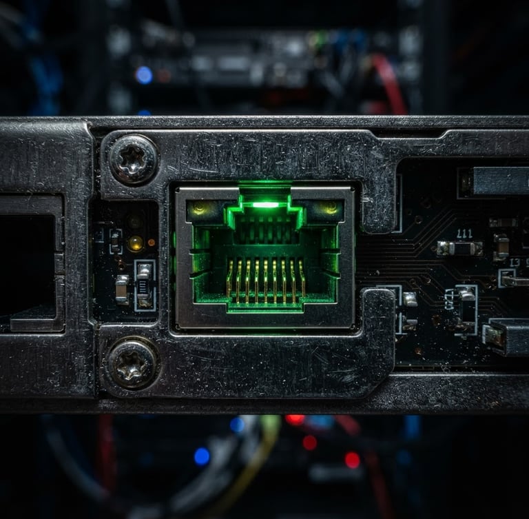 Extreme macro close-up of an industrial edge gateway hardware port, sharp signal-green accent light highlighting the ethernet socket, dark metallic textures, moody server room atmosphere.