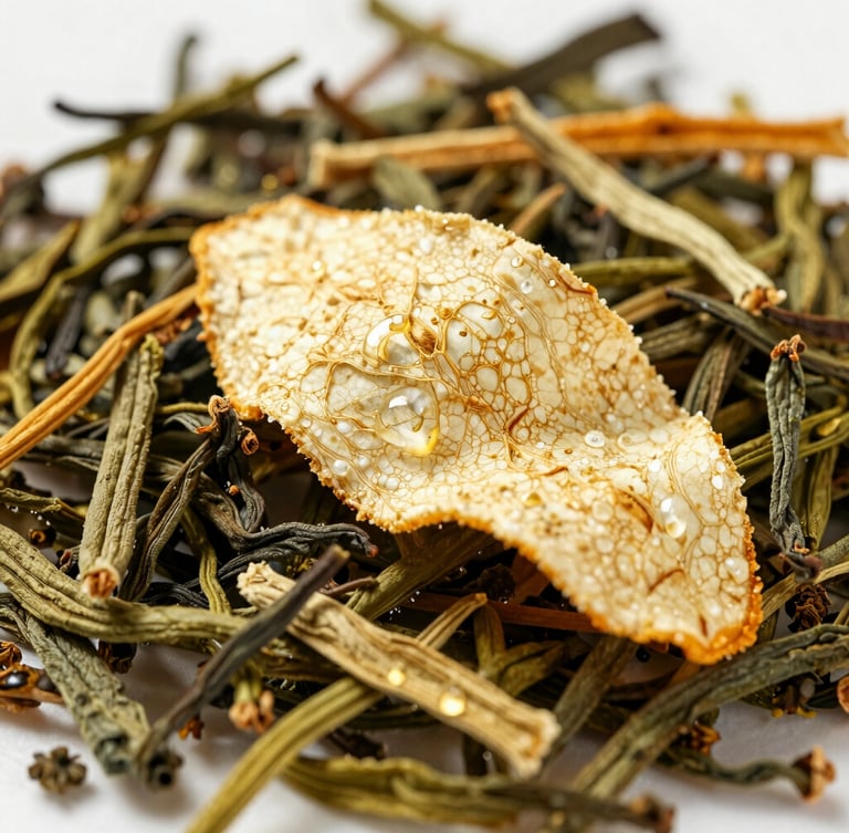 Macro close-up of loose herbal tea leaves and dried orange peel in sharp focus, showing intricate cellular structures, soft golden-hour light reflecting off fine water droplets, clinical-luxury aesthetic.