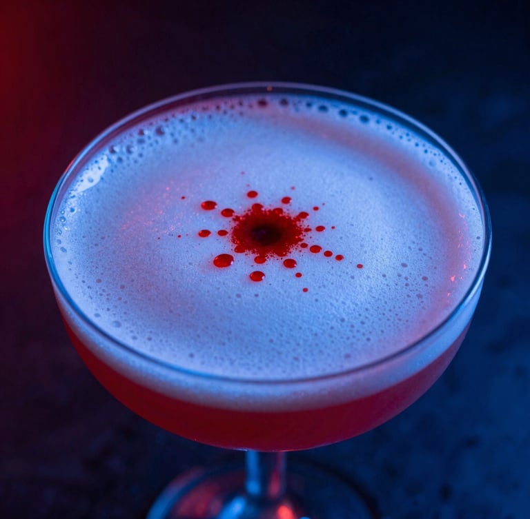 Tight macro shot of a premium Pisco Sour cocktail with a red bitters drop pattern on foam, high-contrast electric blue neon lighting in the background, moody club atmosphere.