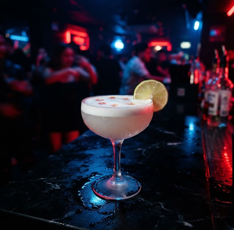 Close-up of a premium Pisco Sour with a lime wheel garnish on a black marble bar, illuminated by sharp red and electric blue neon lights, high contrast, moody club atmosphere, 35mm lens