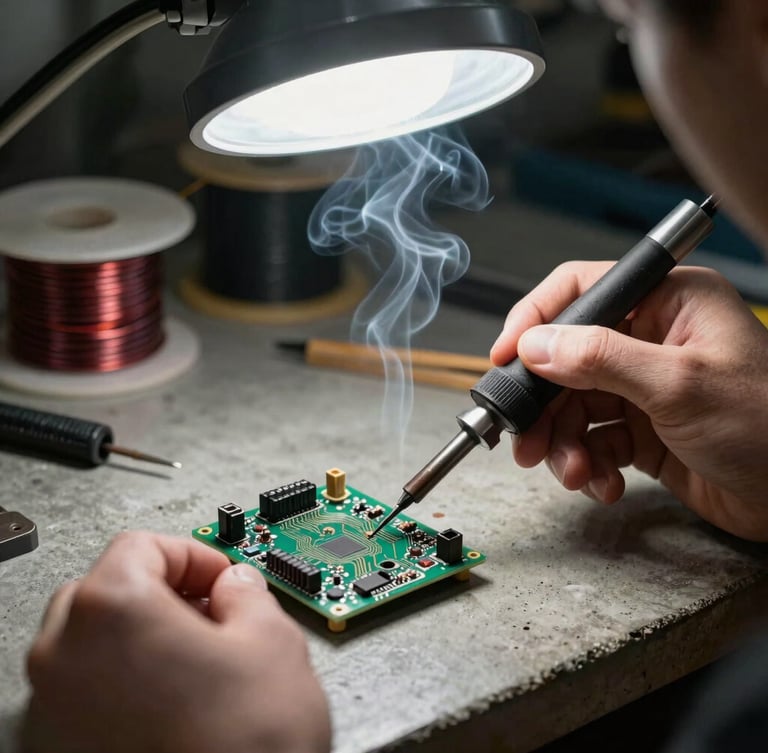 Tight macro shot of hands soldering a custom circuit board on a raw concrete workbench, harsh overhead LED task light, smoke rising from the iron, wire reels in the background.
