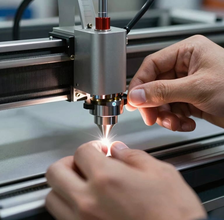 Tight macro shot of hands adjusting a calibrated laser cutter nozzle, harsh artificial LED task lighting reflecting on metallic surfaces, industrial warehouse setting