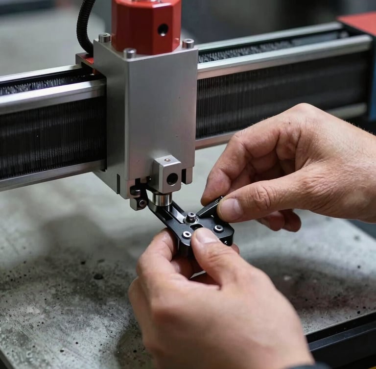 Tight macro shot of hands adjusting a CNC router interface, high-contrast artificial task lighting, raw concrete background.