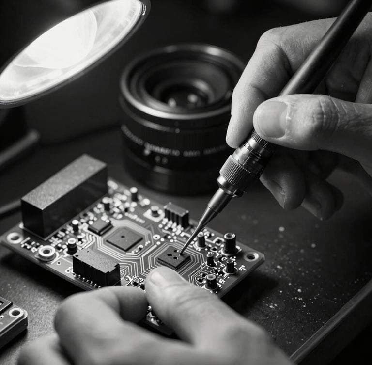 High-contrast black and white macro shot of hands soldering a custom circuit board, harsh LED task lighting, tight framing.