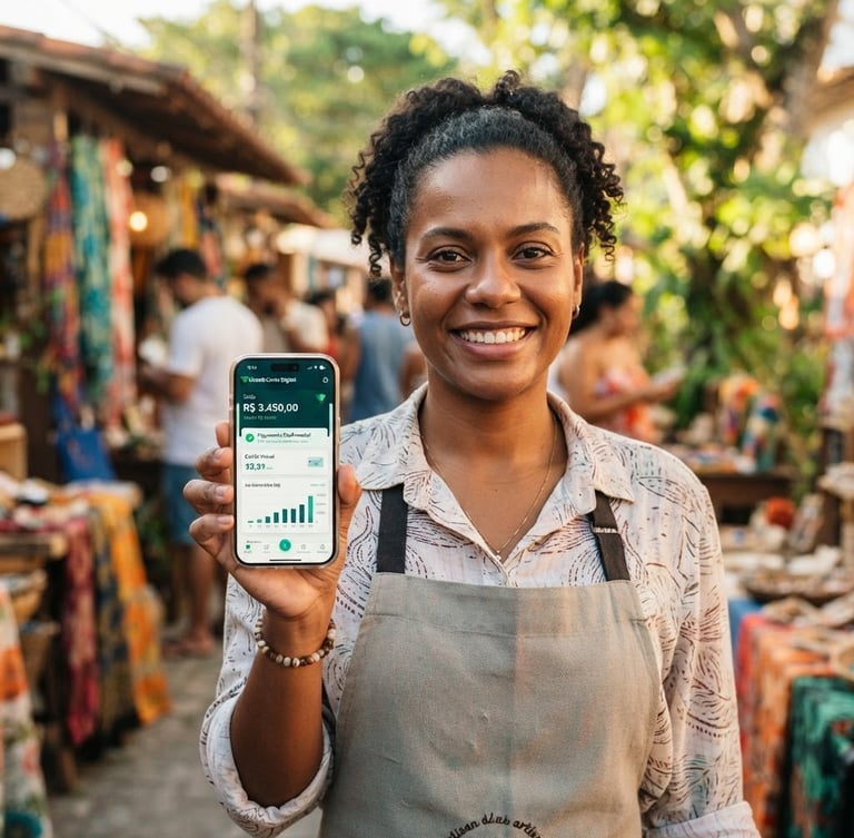 Brazilian worker smiling confidently while holding a smartphone with a secure financial app screen, warm natural daylight, shallow depth of field, medium environmental portrait