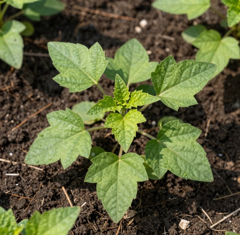 Macro overhead shot of vibrant green Brahmi leaves growing in rich, dark, moist open-field soil, bright morning sunlight casting soft shadows.