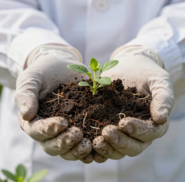 Close-up of a scientist's hands in soil-dusted laboratory gloves holding a handful of dark, rich, textured earth with tiny green Brahmi roots visible, bright natural light.
