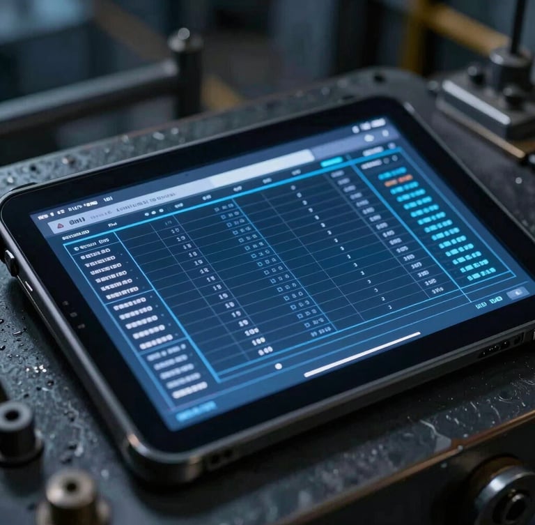 Close-up of a rugged industrial tablet displaying a complex technical data grid inside a dimly lit factory, cool blue tones, sharp focus