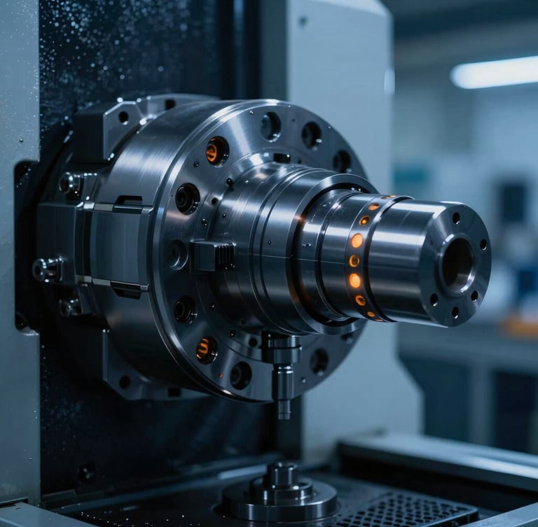 Close-up of a heavy industrial CNC spindle assembly in a clean factory environment, dramatic cool blue ambient light with high-contrast warm orange indicators, sharp macro focus, 35mm