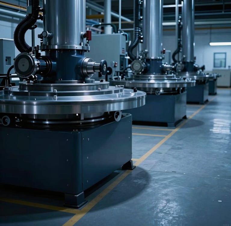 A clean modern factory floor with rotating equipment, high-contrast cool blue lighting, dramatic shadows, 35mm photography
