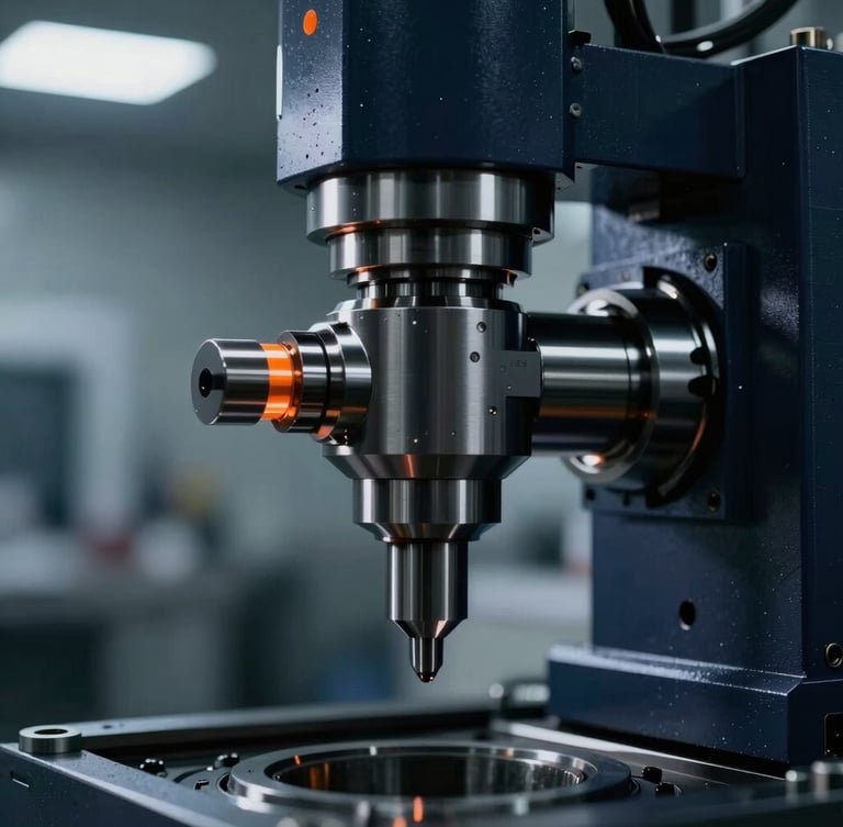 Macro shot of a high-speed CNC spindle assembly in a modern clean factory floor, dramatic industrial lighting, deep navy tones with sharp orange indicator lights, 35mm.