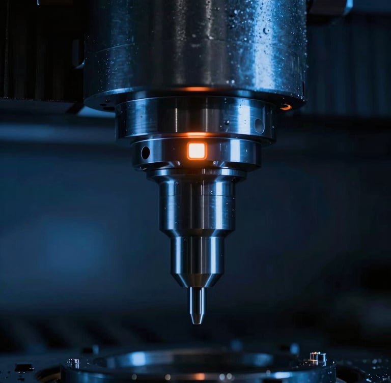 Macro shot of a high-speed CNC spindle with cool blue ambient light and a warm orange thermal indicator glowing on its housing, 35mm dramatic industrial photography