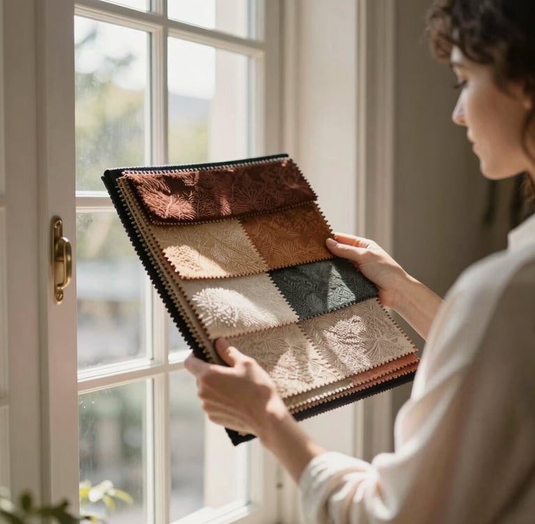 An interior designer holding premium fabric swatches against a sunlit window, showing rich textures and natural light.