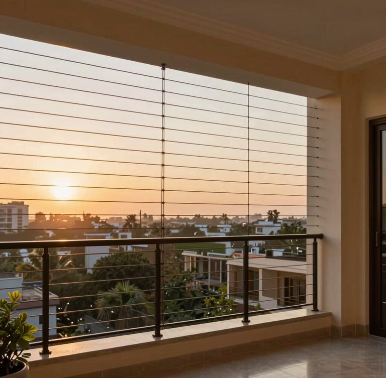 Elegant residential balcony in Hyderabad with high-tensile invisible safety grills blending into the warm sunset skyline, 35mm
