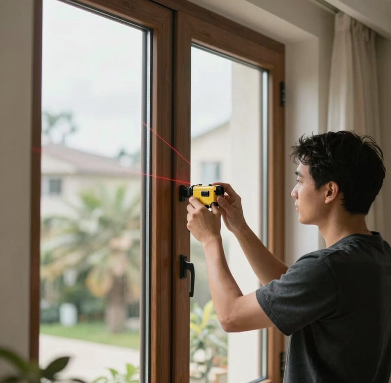 A technician using a laser measure on a modern residential window frame, bright natural daylight, precise execution, 35mm