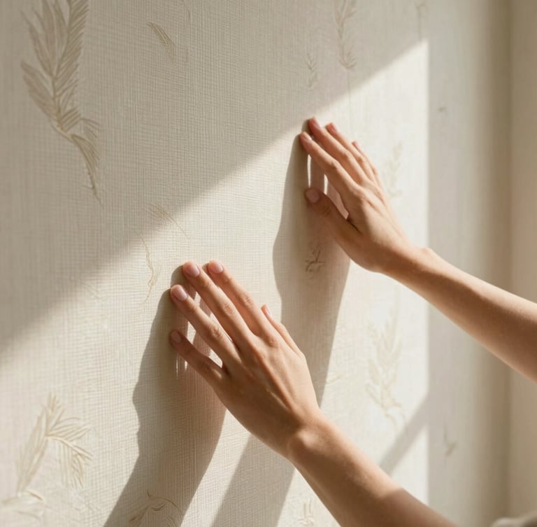 Close-up architectural photograph of hands feeling the rich texture of designer-grade wallpaper under warm natural daylight, soft shadows, 35mm