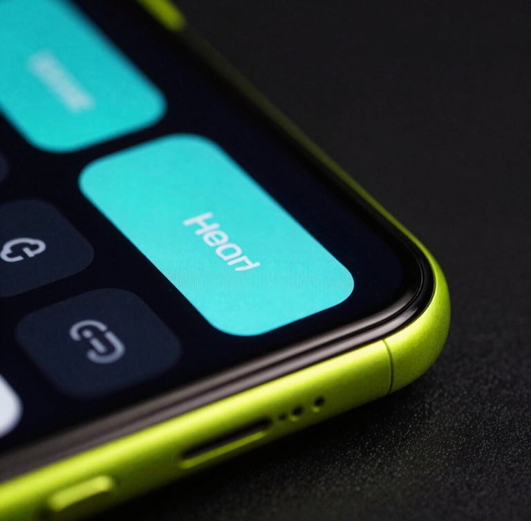 Extreme close-up macro shot of a sleek black Android phone screen displaying a glowing cyan system widget. Neon lime rim lighting reflects off the curved glass edge. Low-key studio setting.