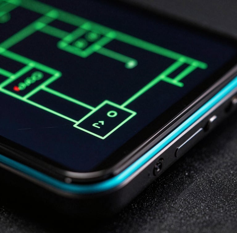 Moody low-key studio macro photo of a physical Android device screen displaying neon green vector schematics, cyan rim lighting reflecting on glass, extreme close-up on screen edge, 35mm