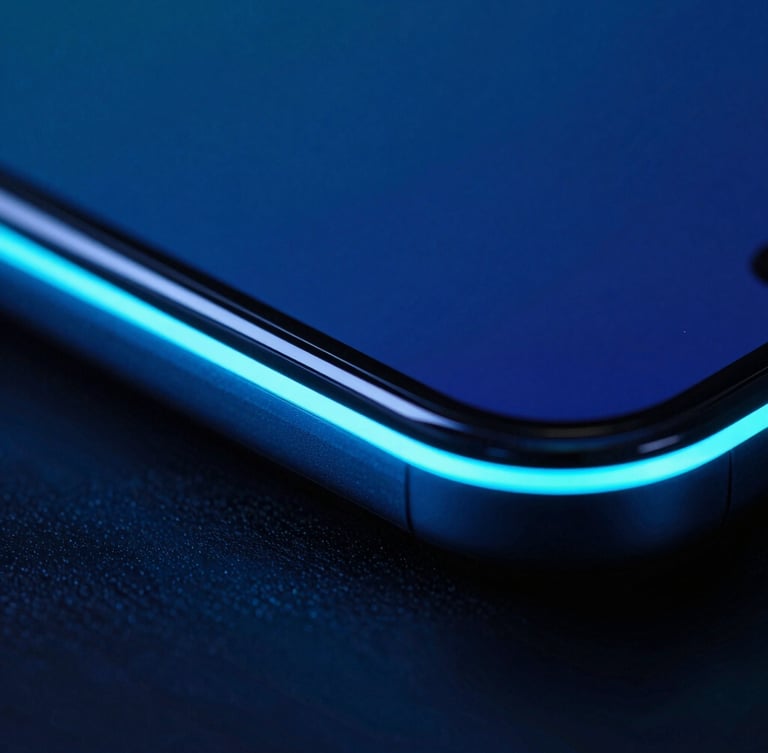 Extreme close-up macro shot of a physical Android device screen edge displaying a neon blue interface, sharp glass reflections, moody low-key studio lighting with cyan rim light, 35mm lens.