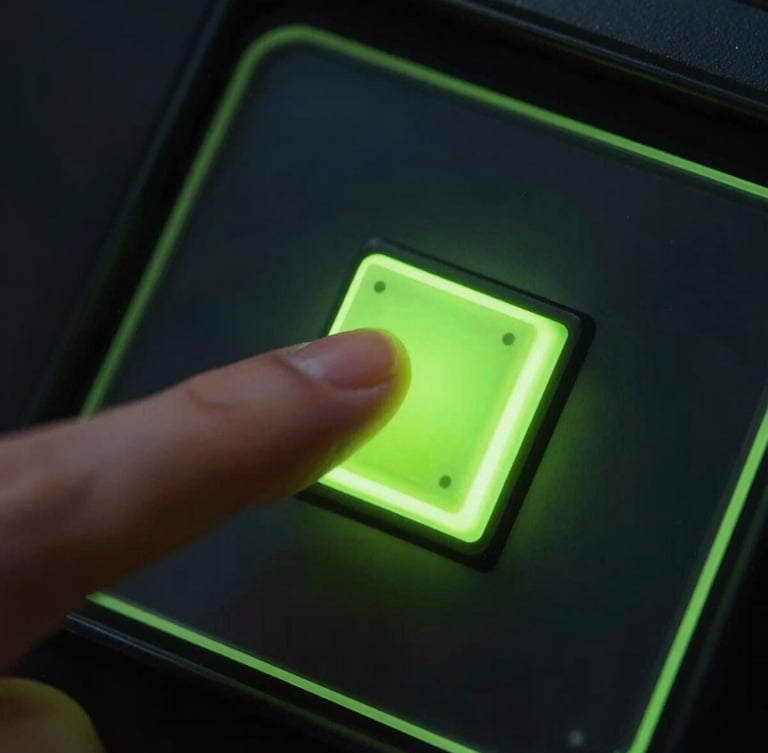 Macro angle showing a thumb interacting with a glowing neon green toggle switch on a dark glass screen, moody low-key lighting, electric lime rim reflections.