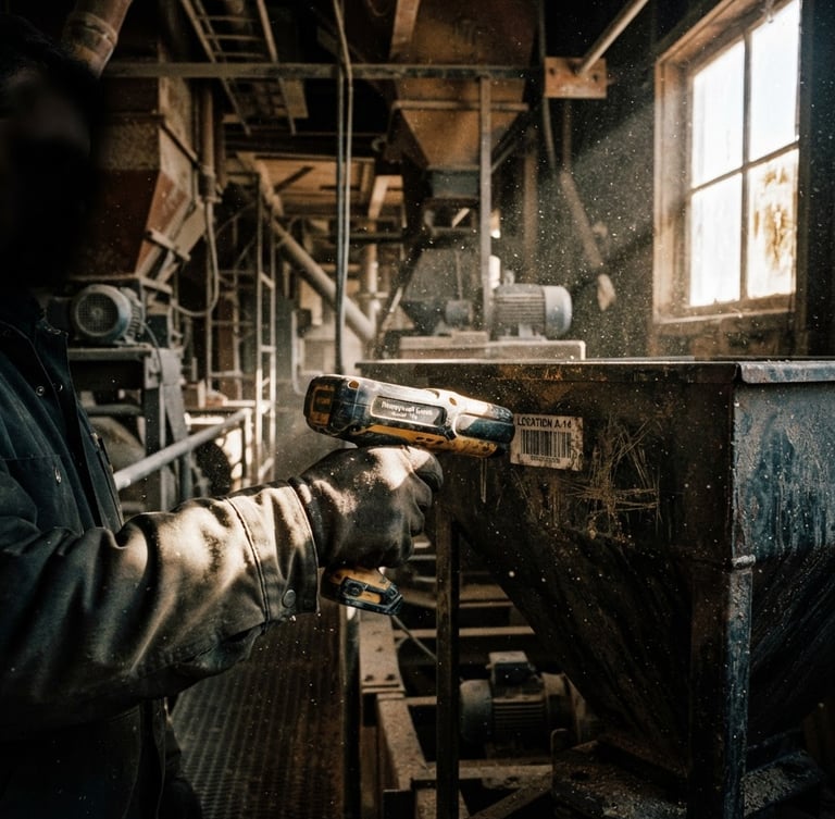 Handheld scanner being used in a dusty grain elevator, harsh direct sunlight, high-contrast, dust particles, textured, 35mm