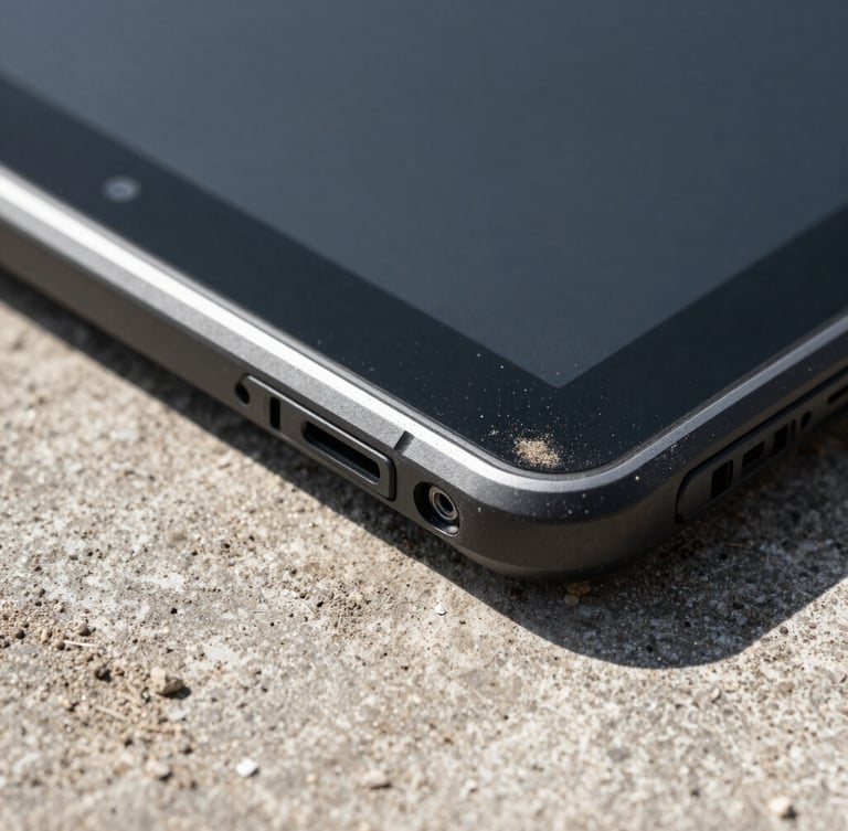 Close-up portrait shot of a rugged Android tablet's sealed port and reinforced corner, being drop-tested onto a dusty concrete surface. Harsh direct sunlight illuminates the impact point, showing fine dust particles. The tablet is clearly industrial-grade, not consumer.