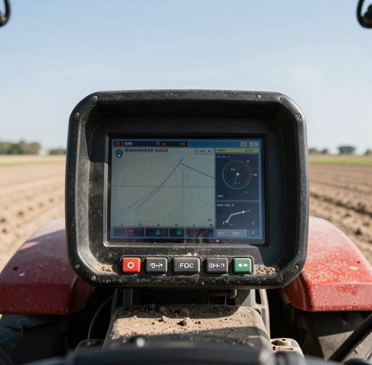 Tractor cab dashboard displaying real-time agricultural telemetry data, high-contrast screen readable under harsh direct sunlight, dusty environment, 35mm