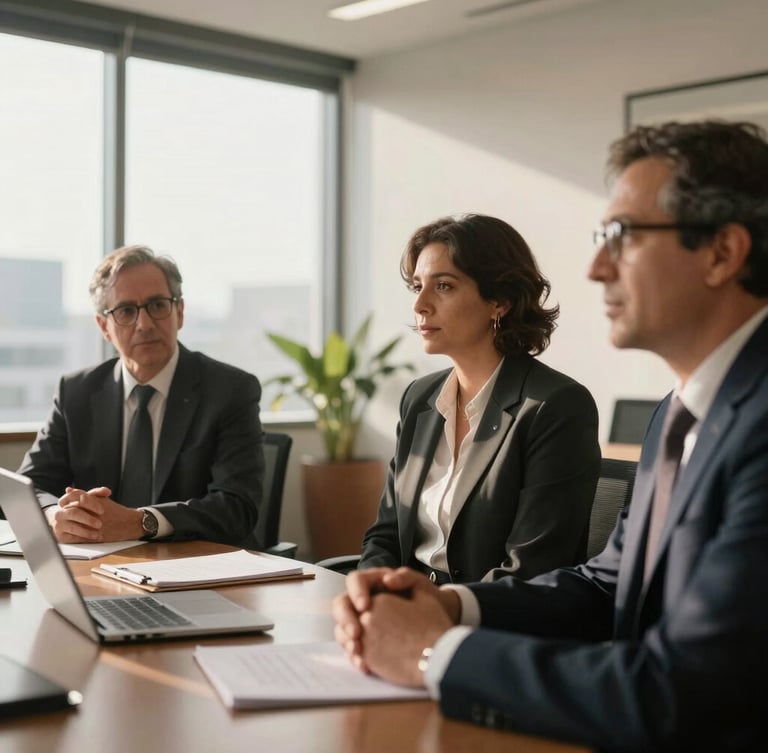 Warm natural daylight illuminating a modern Mexican corporate office, professional engaged in active listening during a strategic meeting, soft background focus.