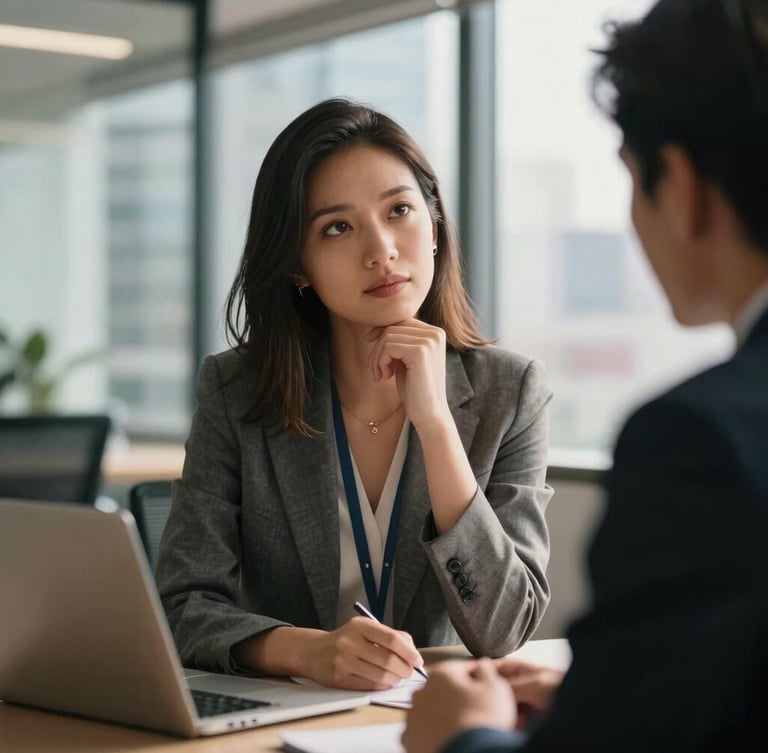 Environmental portrait of a business professional in a modern Mexico City office, warm natural window light, shallow depth of field, looking thoughtfully at a colleague off-camera.