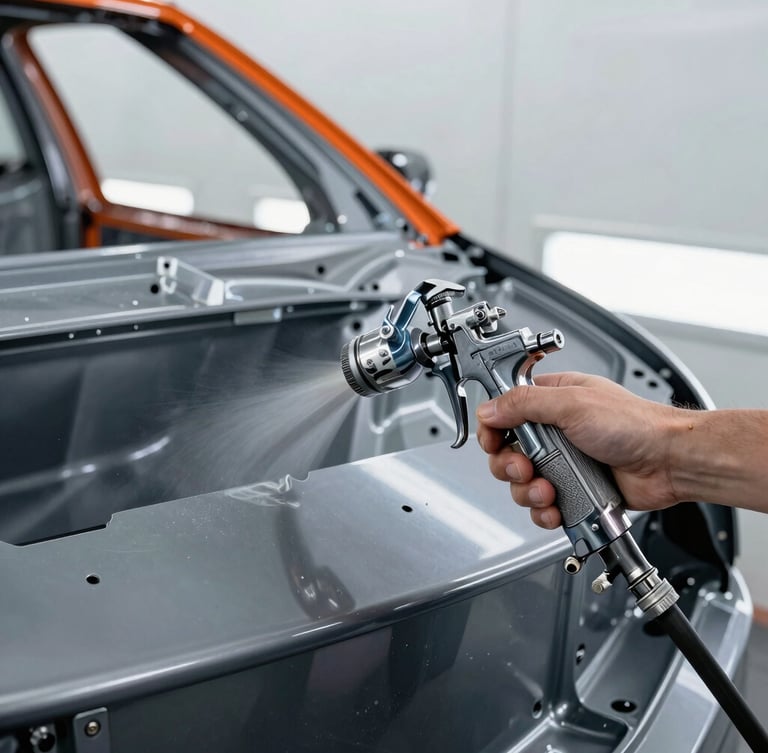 Close-up of a professional paint gun spraying a metallic car panel inside a clean, brightly lit computerized paint booth, high contrast, 35mm
