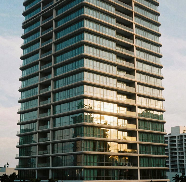 Elegant architectural photography of a luxury modern condominium tower in Miami, soft morning sunlight reflecting on glass facade, deep green shadows, editorial 35mm look