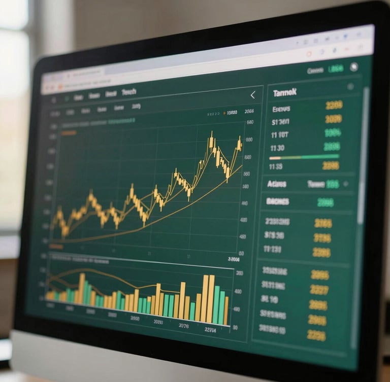 Close-up of a high-end digital interface showing financial analytics on a screen, clean workspace, dramatic side lighting, elegant corporate style
