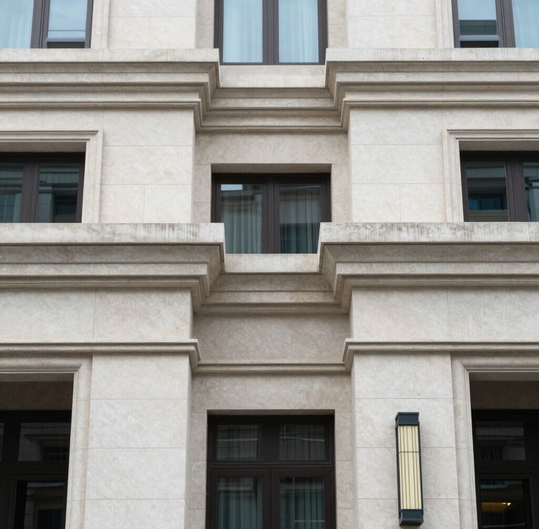 Symmetrical architectural detail of a premium residential facade with clean stone lines under soft overcast daylight