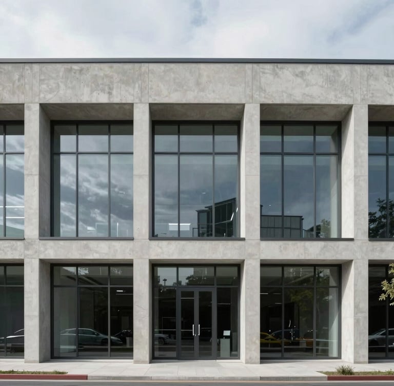 Straight-on architectural shot of a modern commercial facade, clean concrete and glass lines, soft overcast daylight.